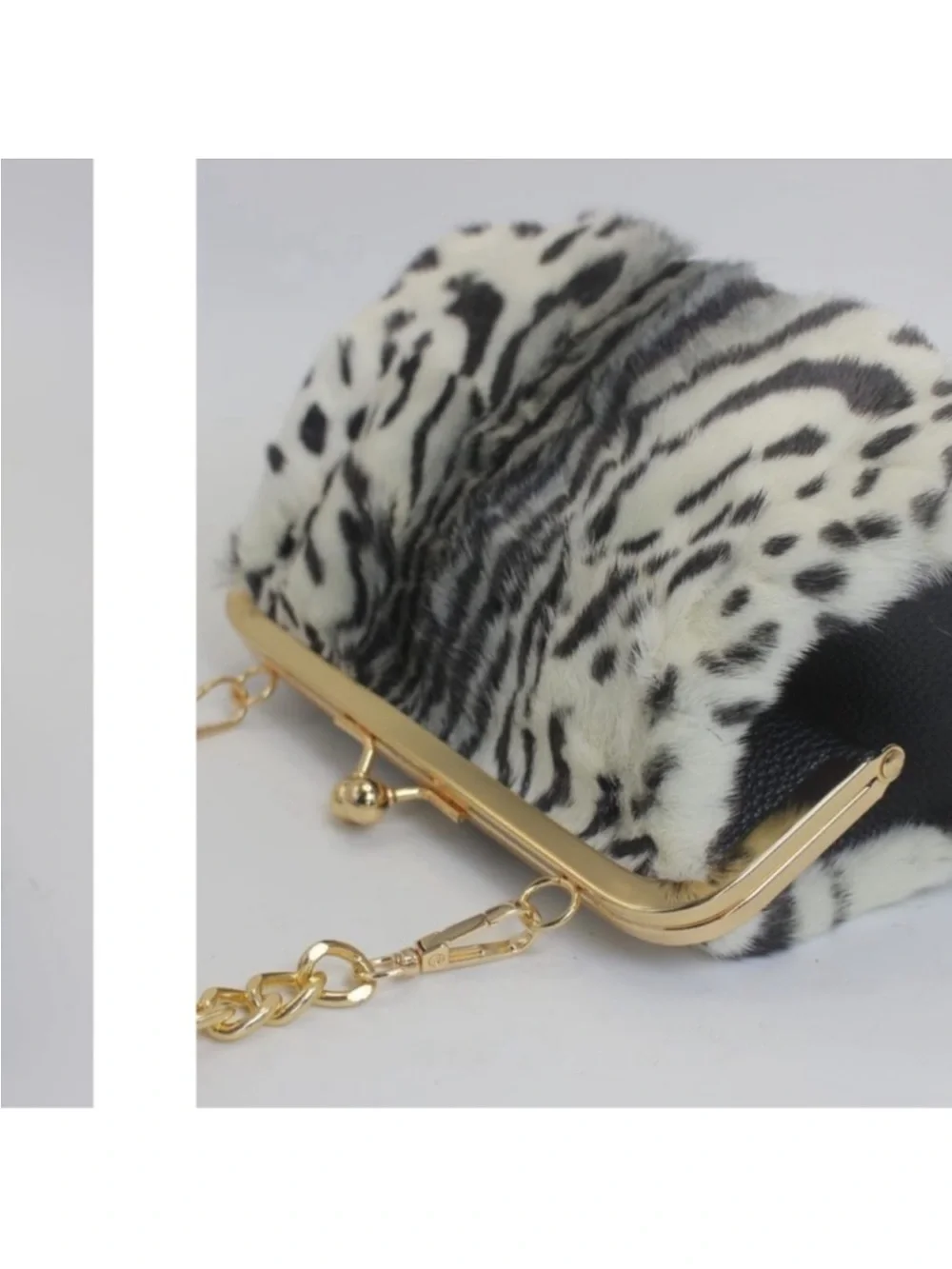 Luxury Mink Fur Leopard Print Handbag Small Kiss Lock Purse With Gold new - Picture 4 of 9